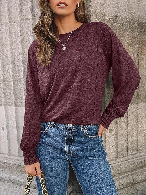 Elegant Pleated Crew Neck Office Blouse
